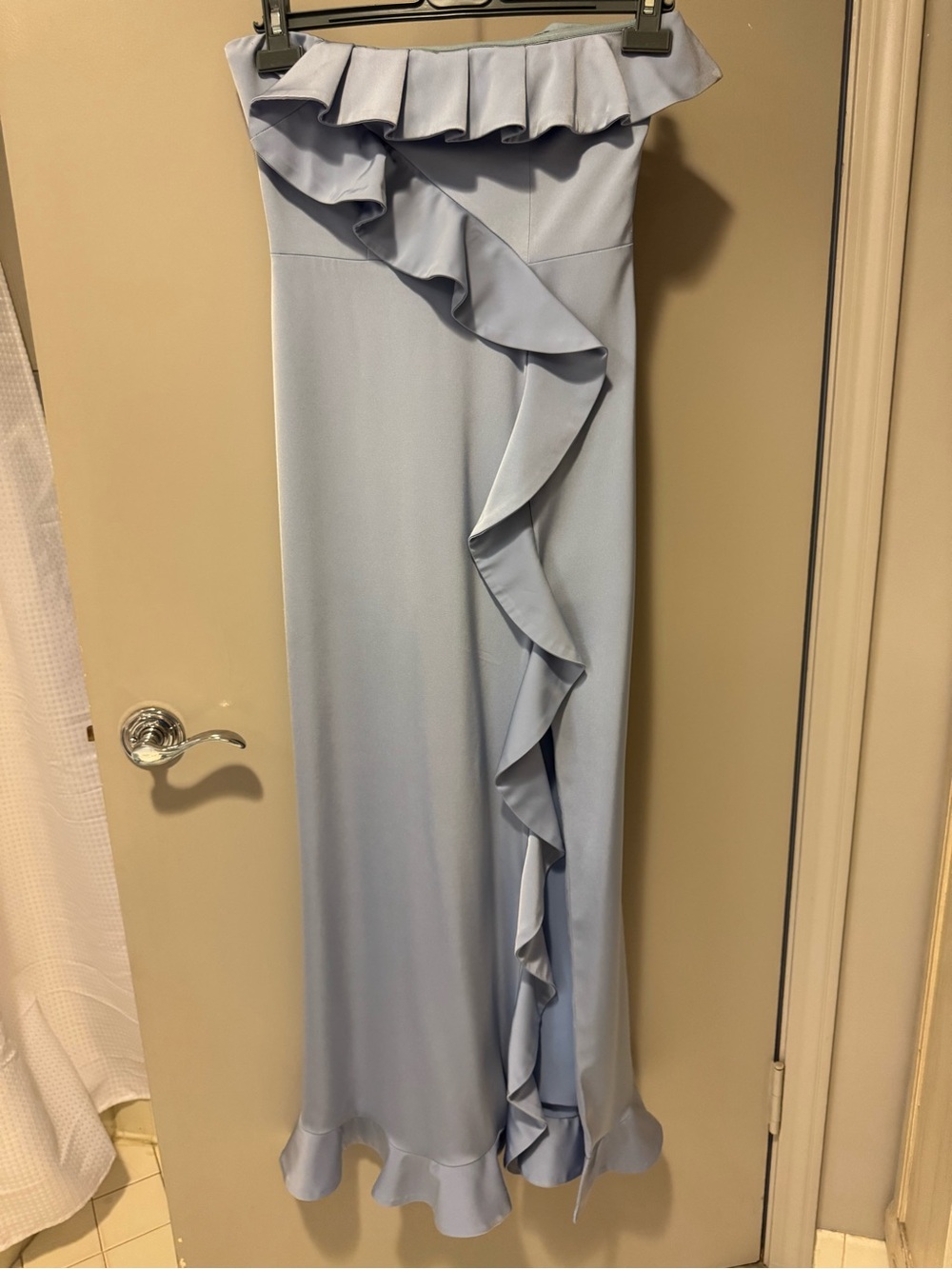 NBD Light Blue One-Shoulder Ruffle Maxi Dress